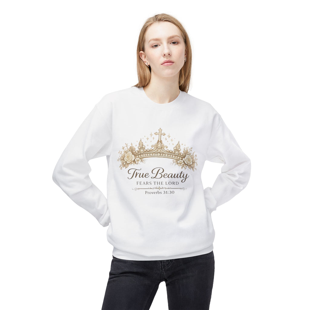 Christian Crewneck Sweatshirt - "True Beauty Fears the Lord" Crown Design (Proverbs 31:30) | Mother's Day