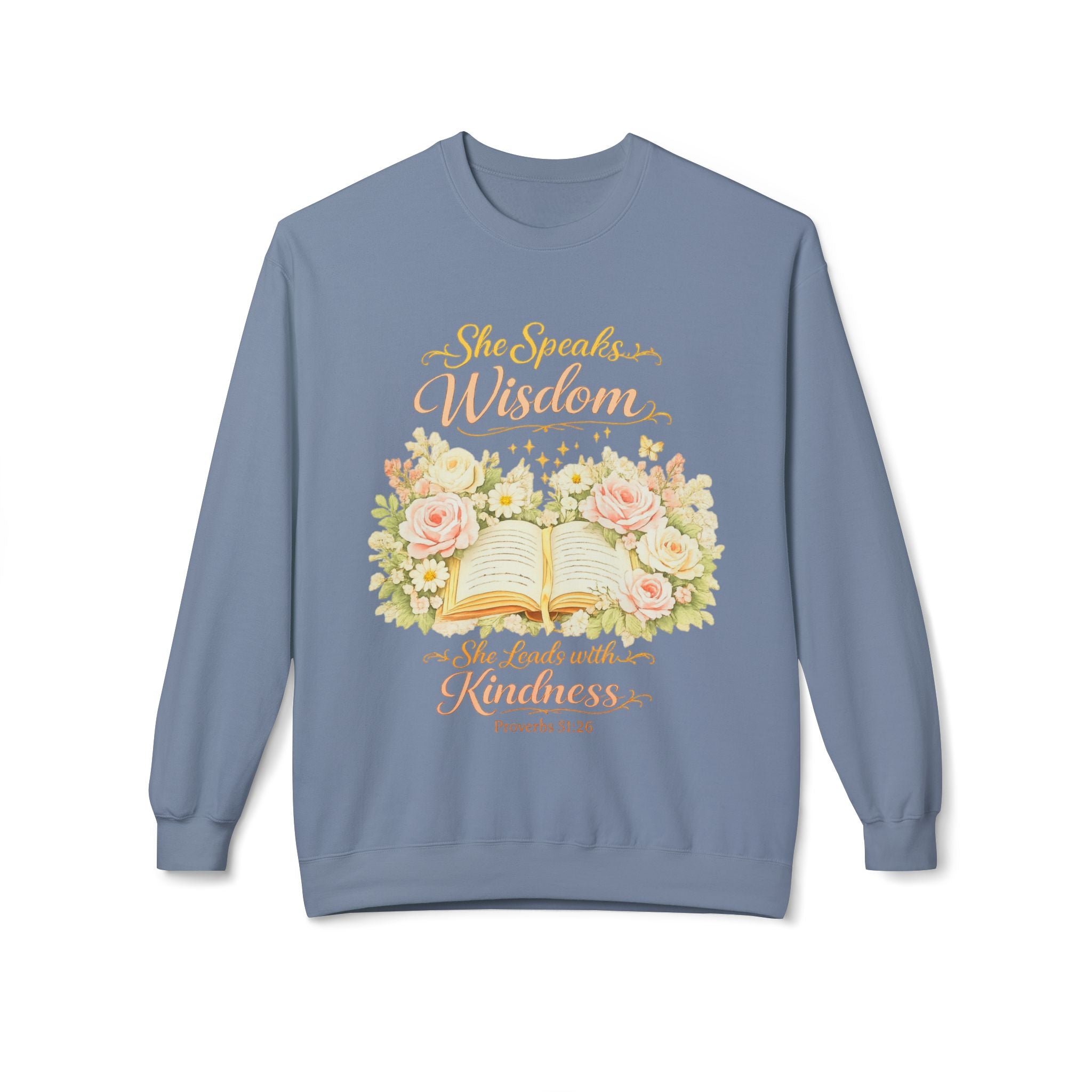 Crewneck Sweatshirt - "She Speaks Wisdom" Floral Bible Verse (Proverbs 31:26) | Mother's Day Gift