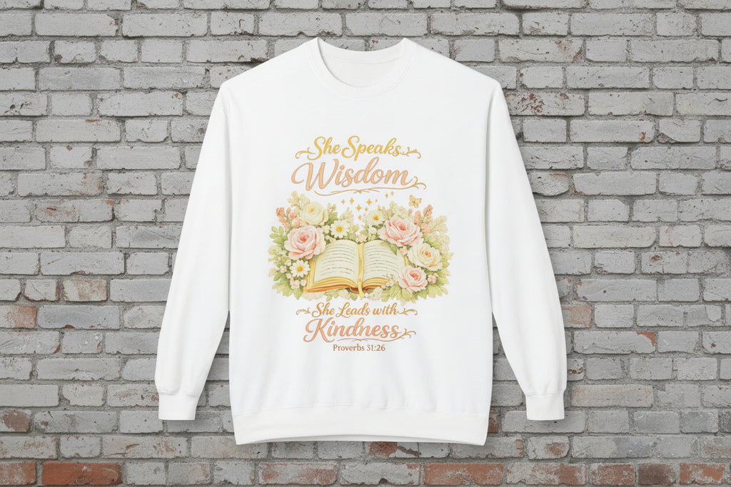 Crewneck Sweatshirt - "She Speaks Wisdom" Floral Bible Verse (Proverbs 31:26) | Mother's Day Gift