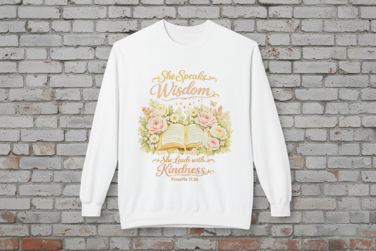 Crewneck Sweatshirt - "She Speaks Wisdom" Floral Bible Verse (Proverbs 31:26) | Mother's Day Gift