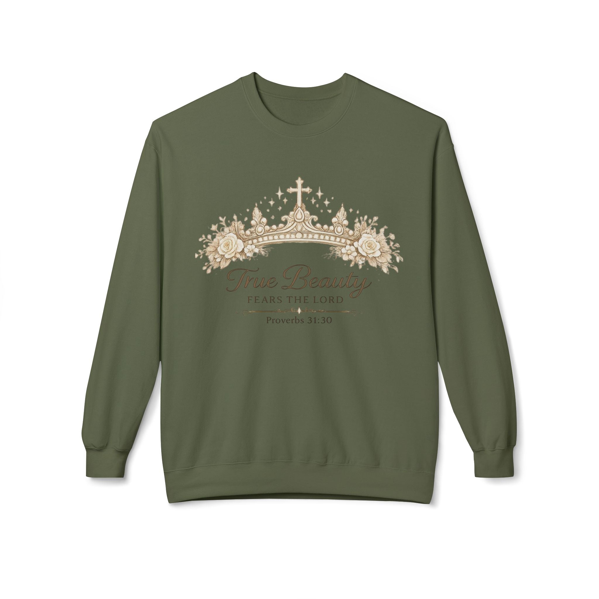 Christian Crewneck Sweatshirt - "True Beauty Fears the Lord" Crown Design (Proverbs 31:30) | Mother's Day