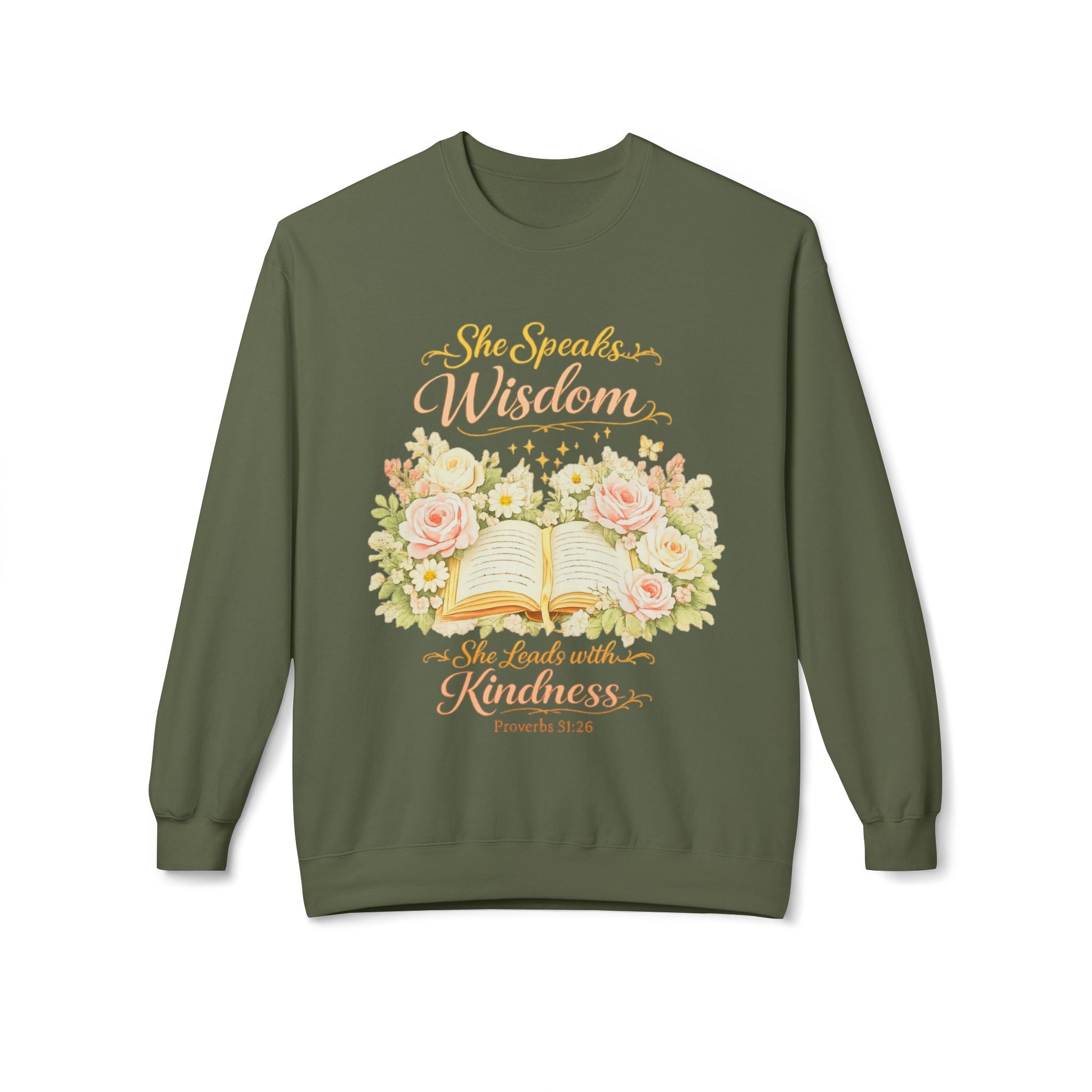 Crewneck Sweatshirt - "She Speaks Wisdom" Floral Bible Verse (Proverbs 31:26) | Mother's Day Gift