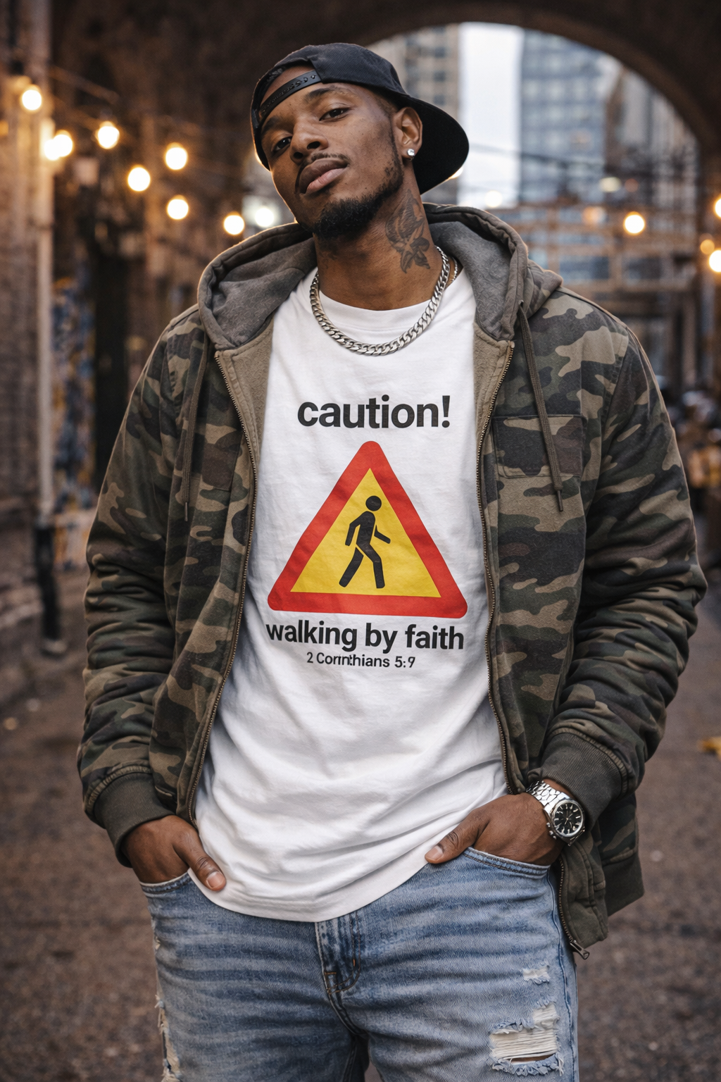 Walking by Faith — "Caution!" Christian Faith Tee (2 Corinthians 5:7)