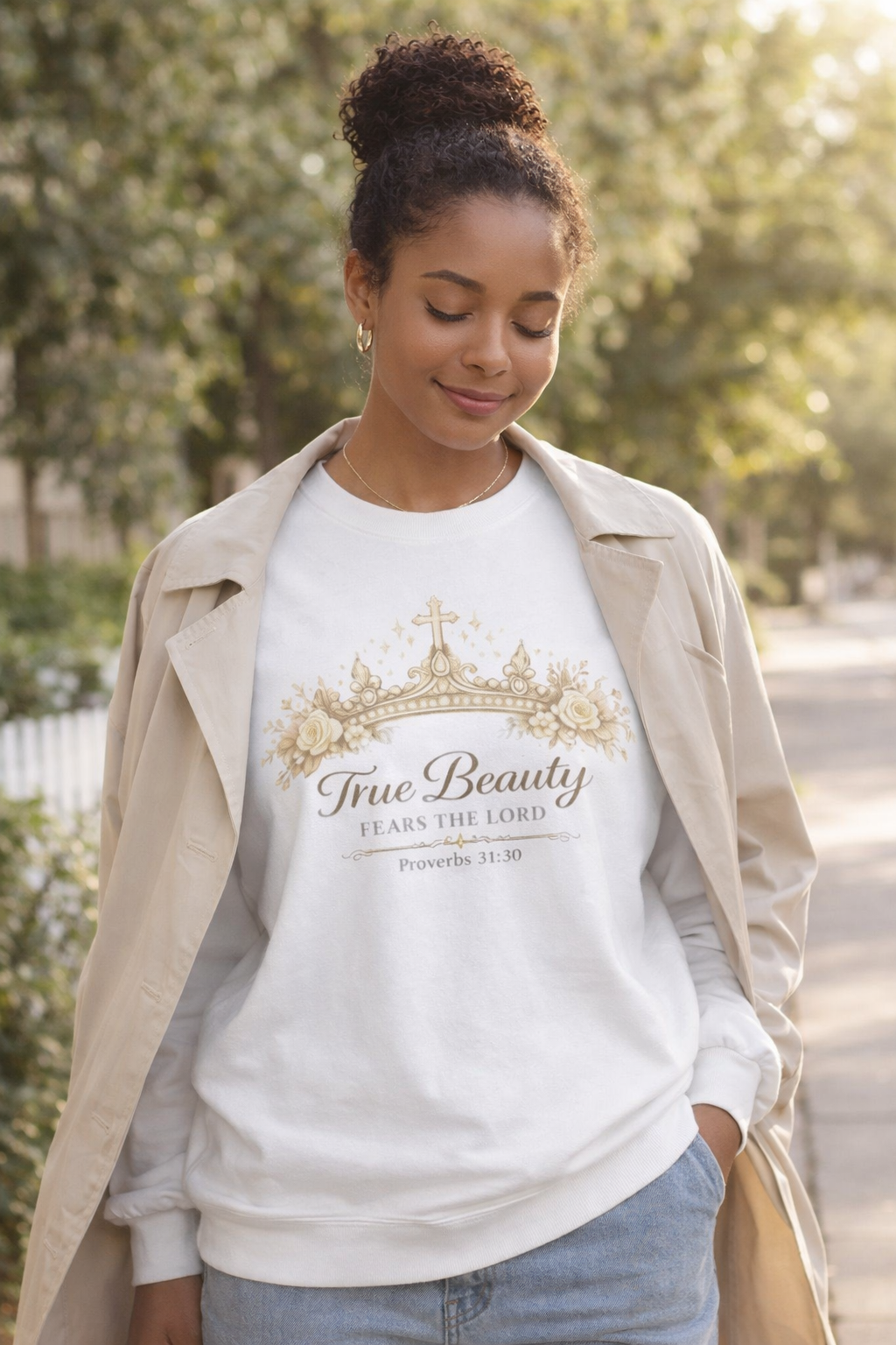 Christian Crewneck Sweatshirt - "True Beauty Fears the Lord" Crown Design (Proverbs 31:30) | Mother's Day