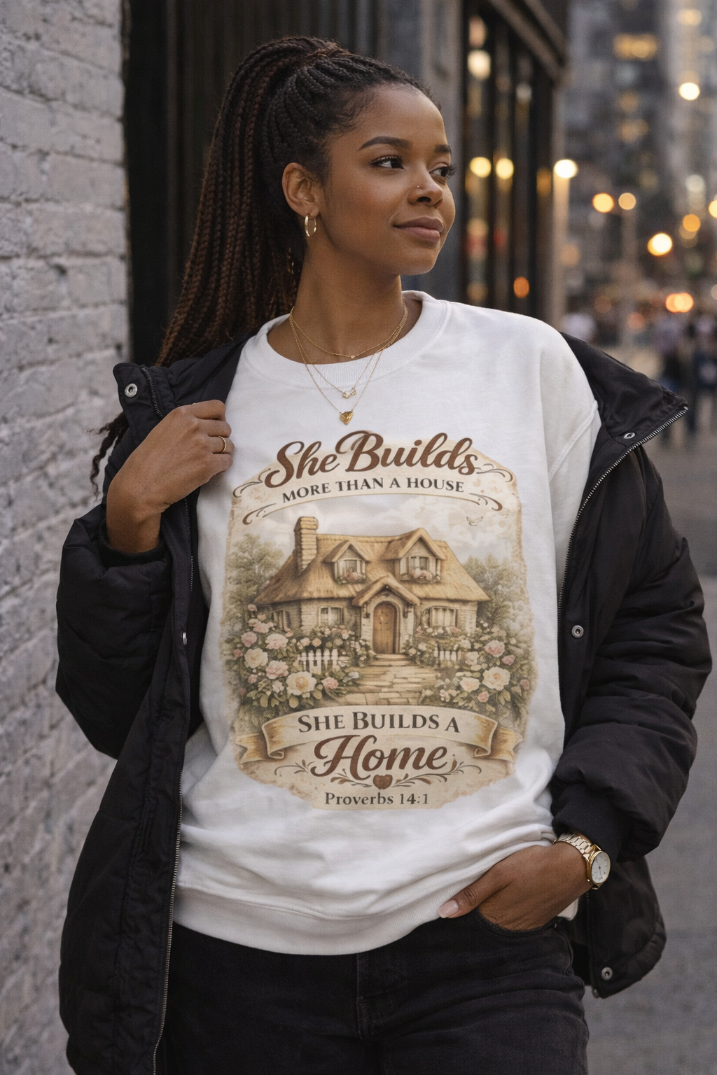Proverbs 14:1 "She Builds More Than a House" Crewneck Sweatshirt | Mother's day Gift