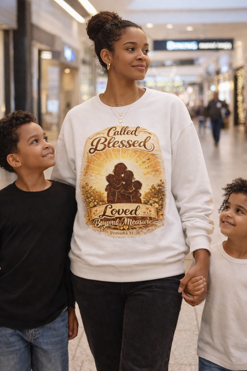 Blessed & Loved Crewneck Sweatshirt — Christian Family Faith Graphic | Mother's day
