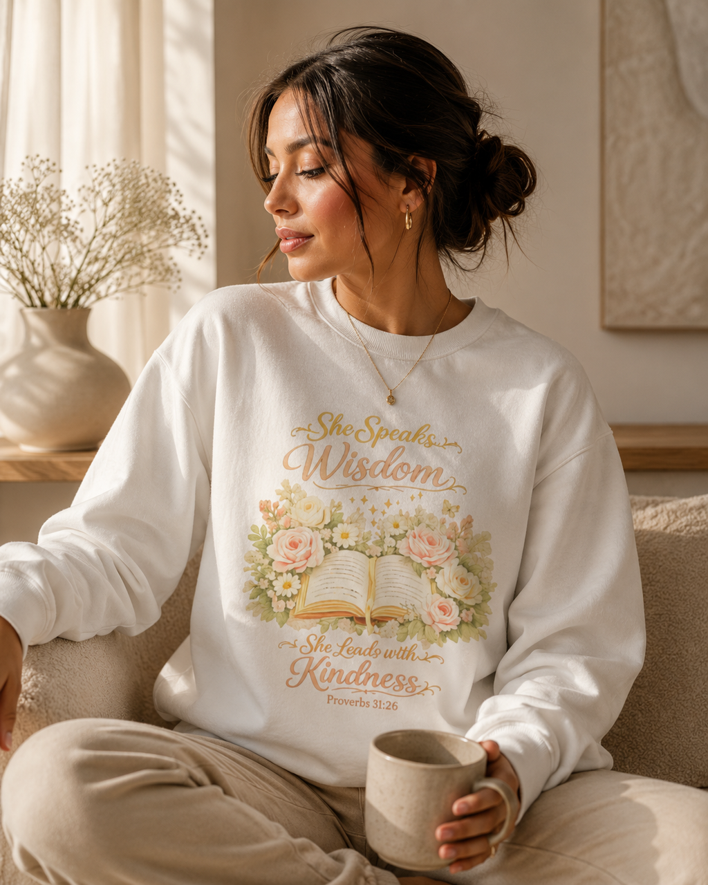 Crewneck Sweatshirt - "She Speaks Wisdom" Floral Bible Verse (Proverbs 31:26) | Mother's Day Gift