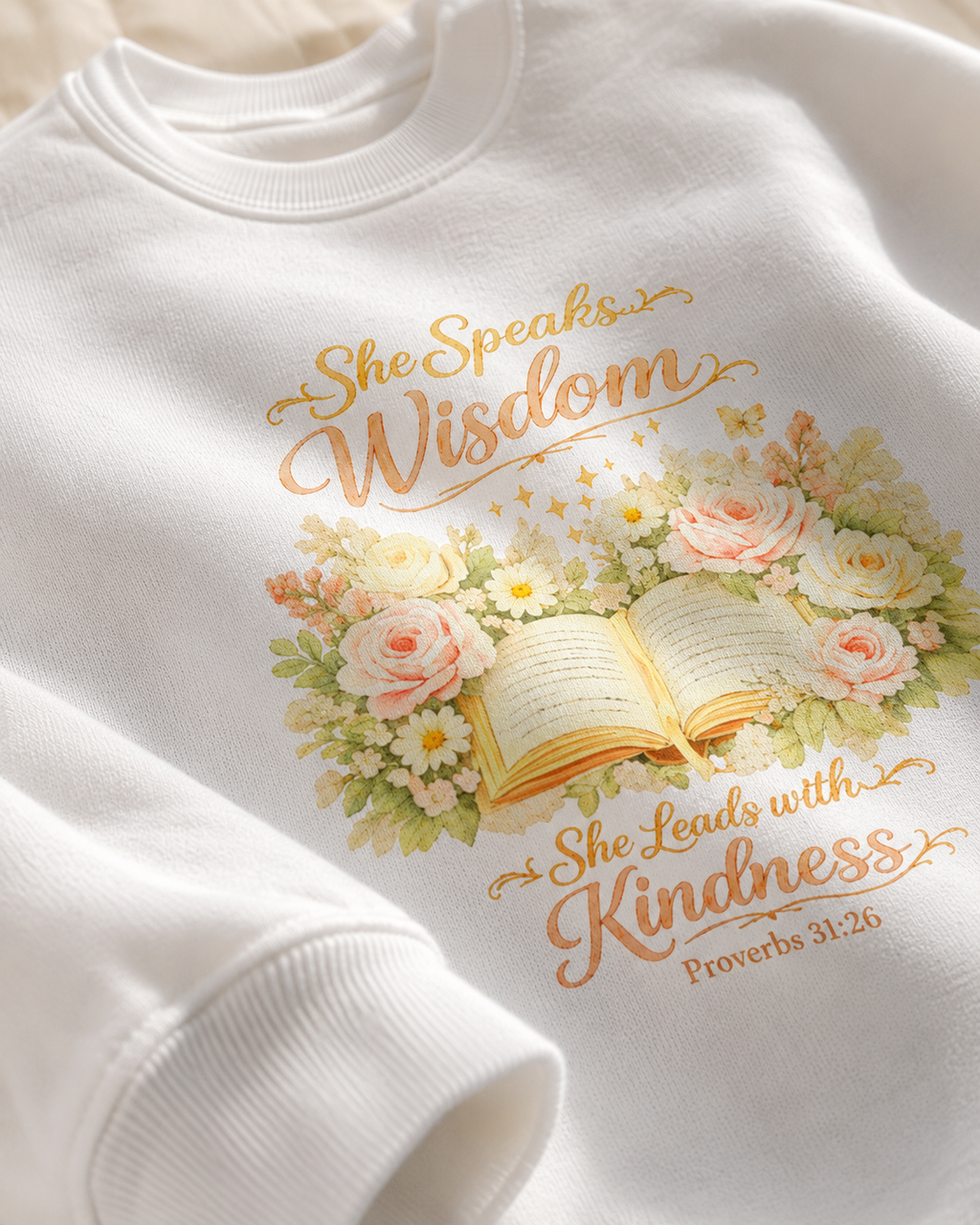 Crewneck Sweatshirt - "She Speaks Wisdom" Floral Bible Verse (Proverbs 31:26) | Mother's Day Gift