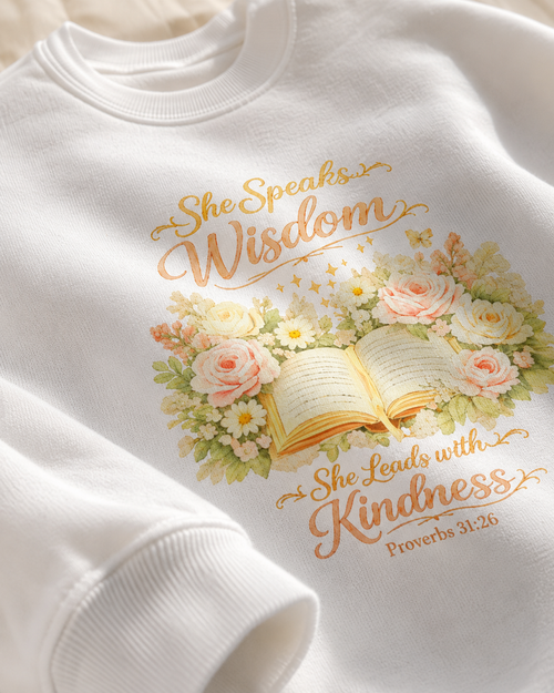 Crewneck Sweatshirt - "She Speaks Wisdom" Floral Bible Verse (Proverbs 31:26) | Mother's Day Gift