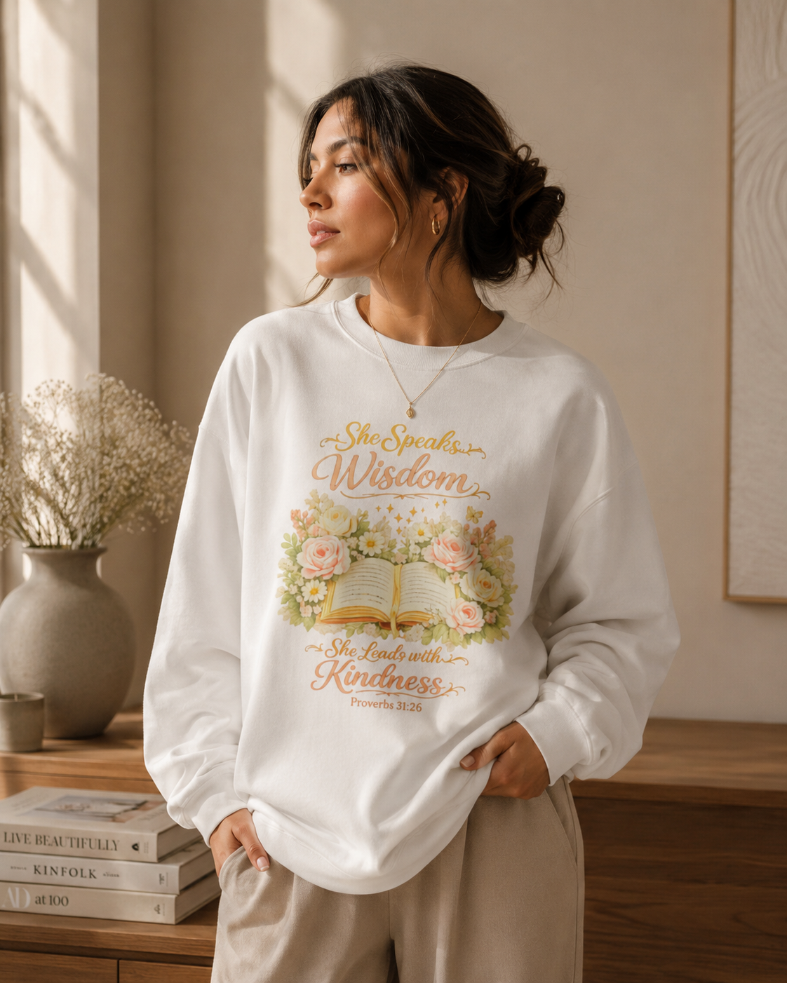 Crewneck Sweatshirt - "She Speaks Wisdom" Floral Bible Verse (Proverbs 31:26) | Mother's Day Gift