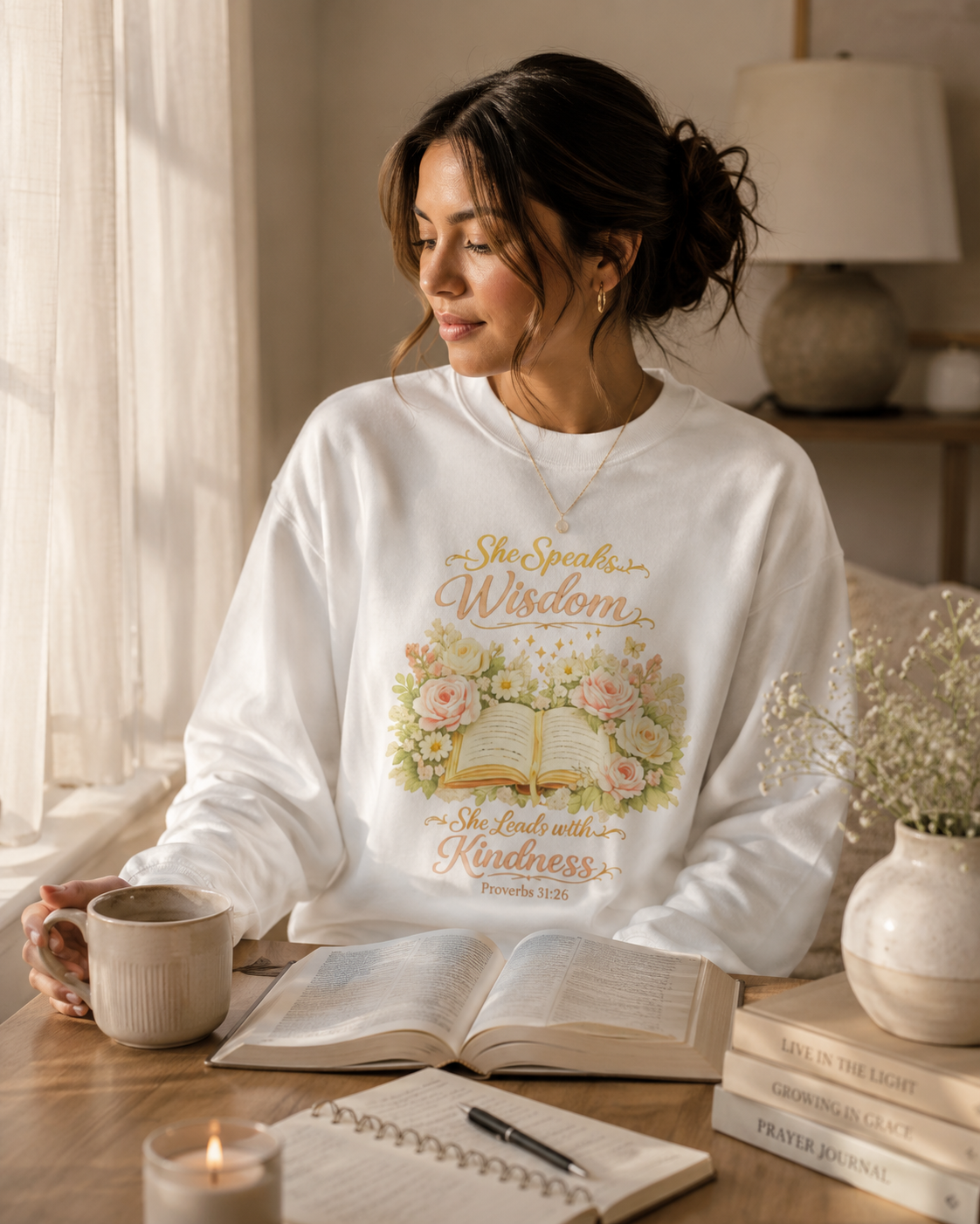Crewneck Sweatshirt - "She Speaks Wisdom" Floral Bible Verse (Proverbs 31:26) | Mother's Day Gift