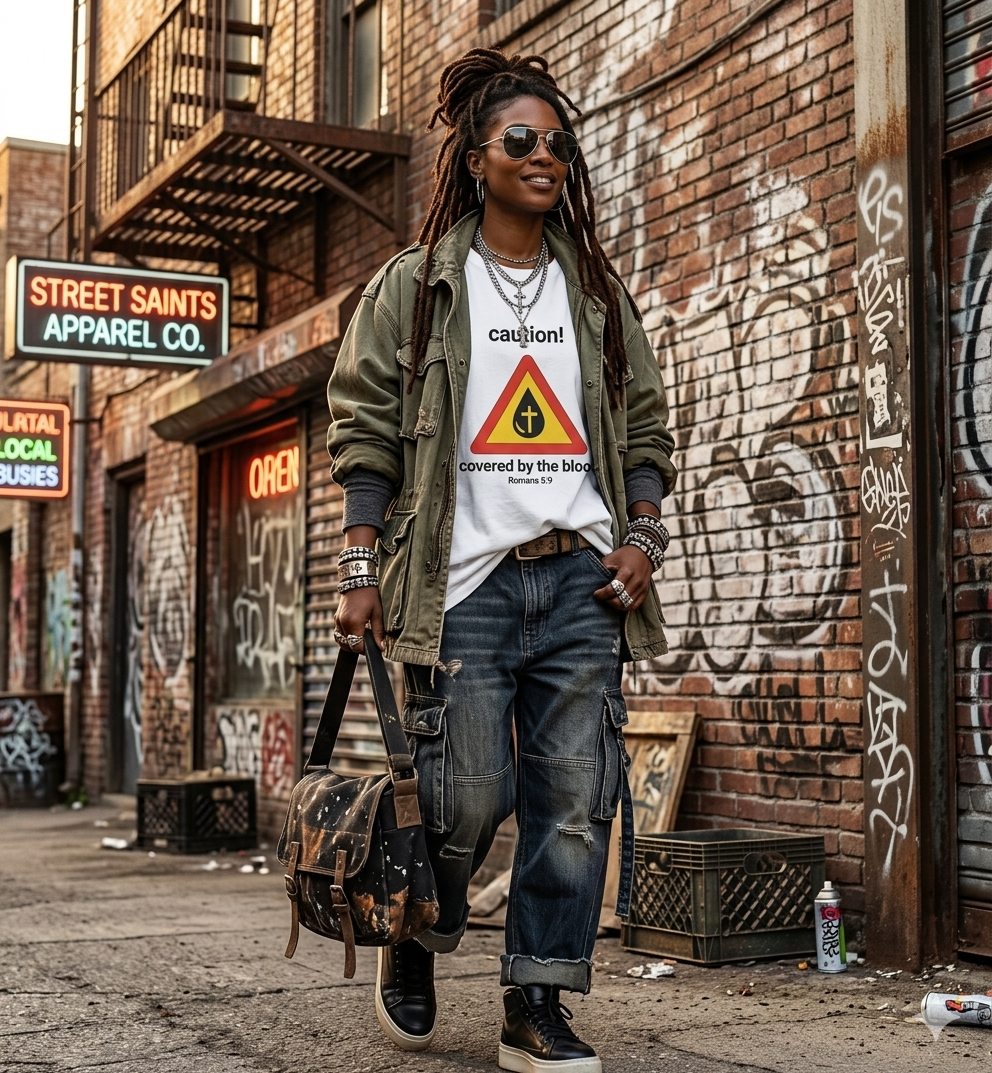 Caution! Covered by the Blood" Bible Verse Tee (Romans 5:9)