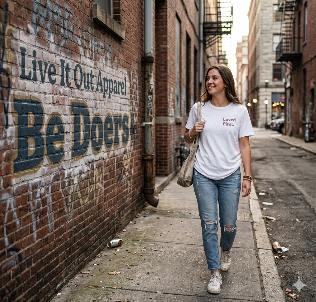 "Loved First." Minimalist Inspirational Tee