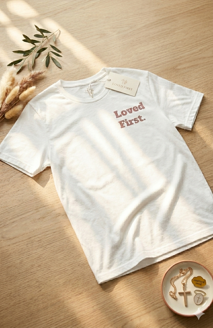 "Loved First." Minimalist Inspirational Tee